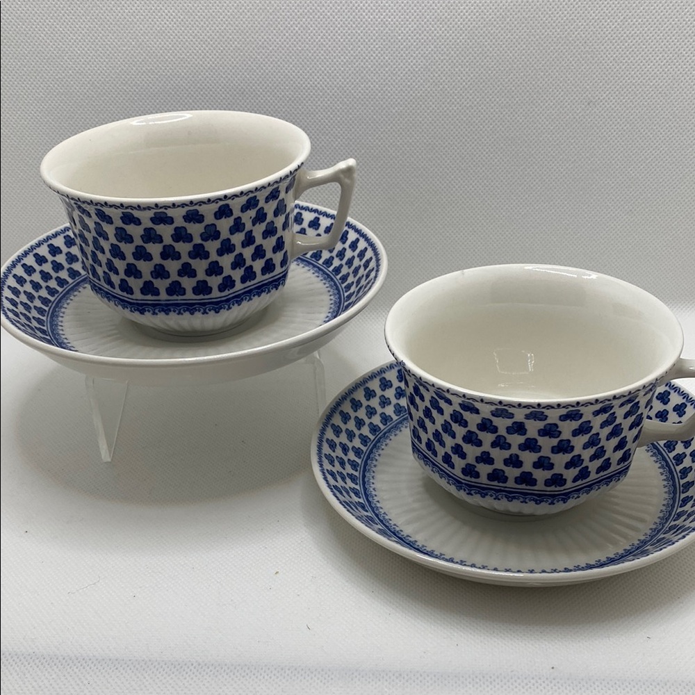 Adams Blue and White Shamrock Tea Cup and Saucer, Set of 2